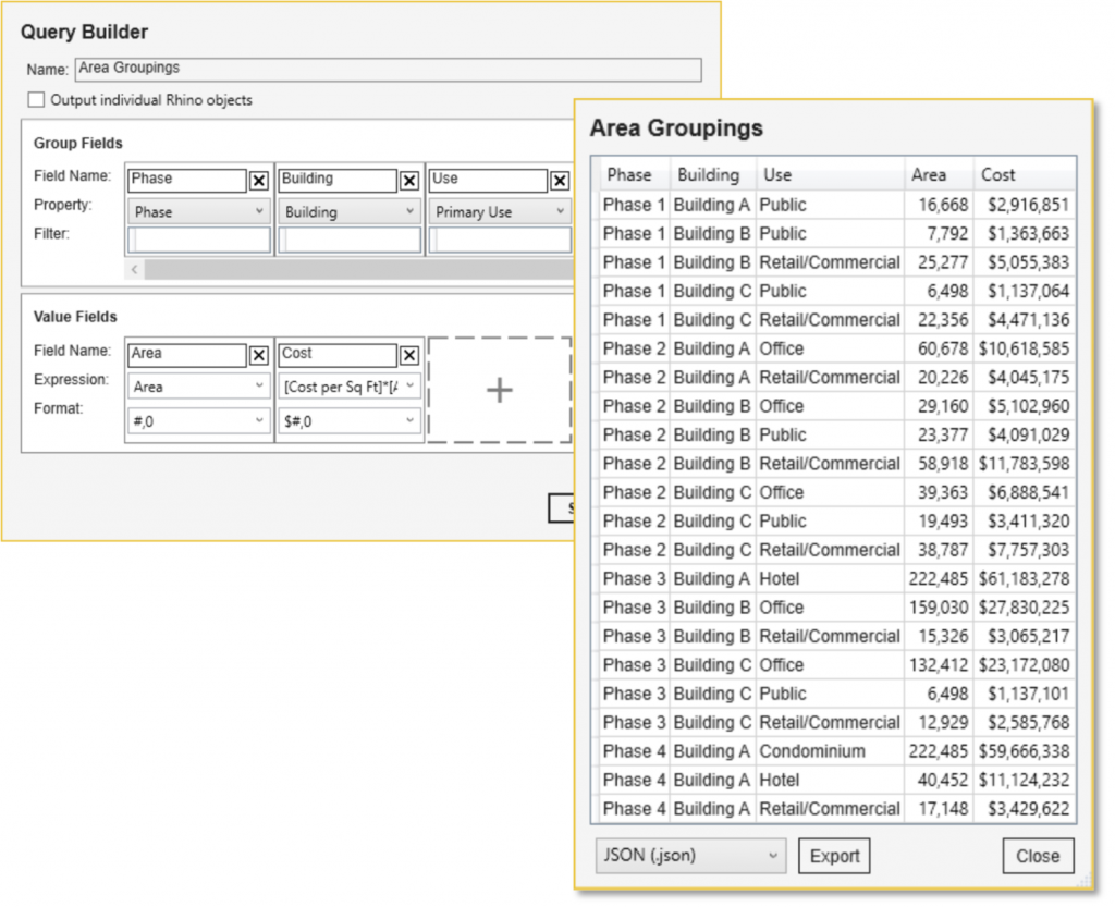 The Semantic Report user interface allows users to create custom tabular reports that contain the object data from Rhino 3d Models.