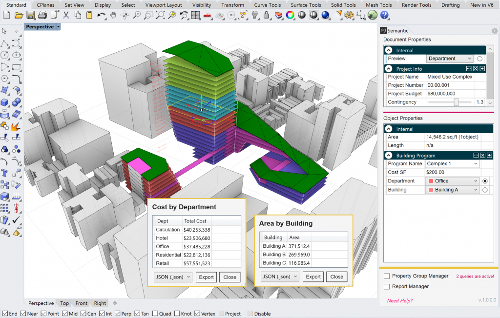 Semantic users can track live updates to their model data to support a data-driven design workflow. This image shows a user tracking the areas of each floor to design with an early design cost estimate based on a $/SF metric. 