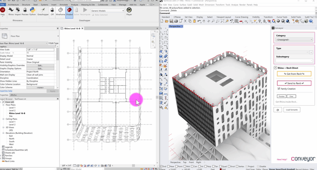 Conveyor enhances Rhino.Inside.Revit. Users can transfer model elements from Rhino to Revit without Exporting and Importing. 