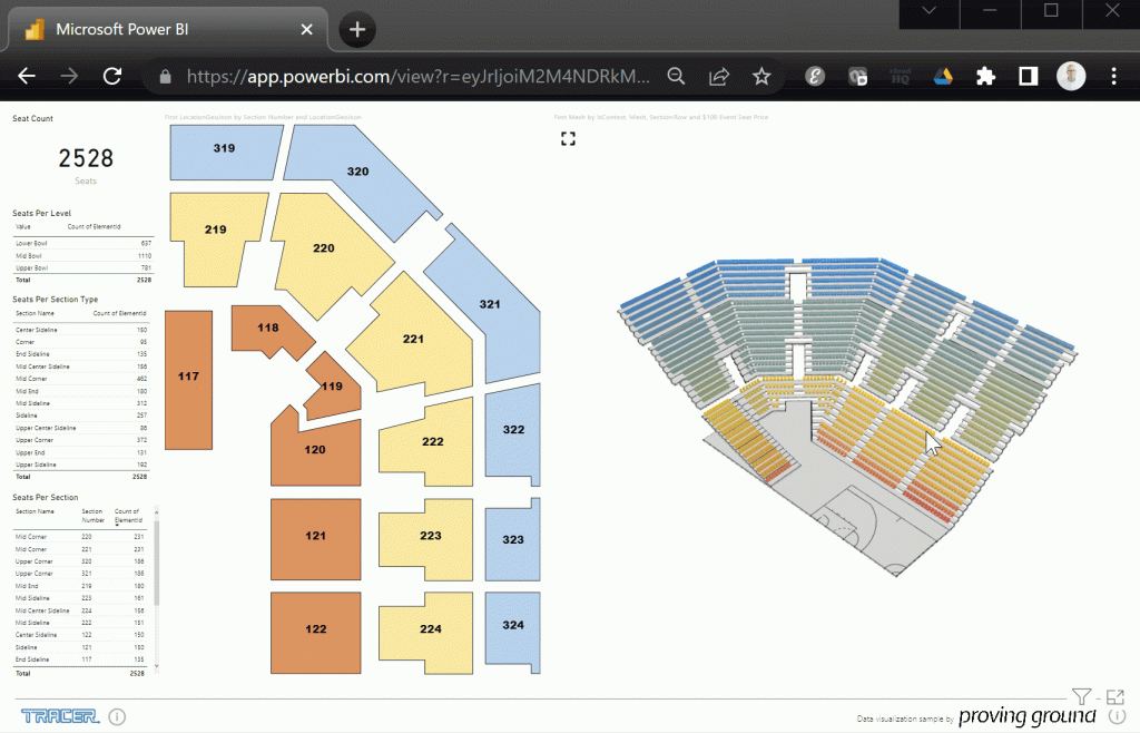 Overlay your 2D and 3D BIM data with other data sources. This example shows an arena section overlayed with revenue data.